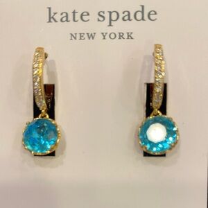 NYT Kate Spade Diamond Pave Huggie Hoops with Blue Stone droplets